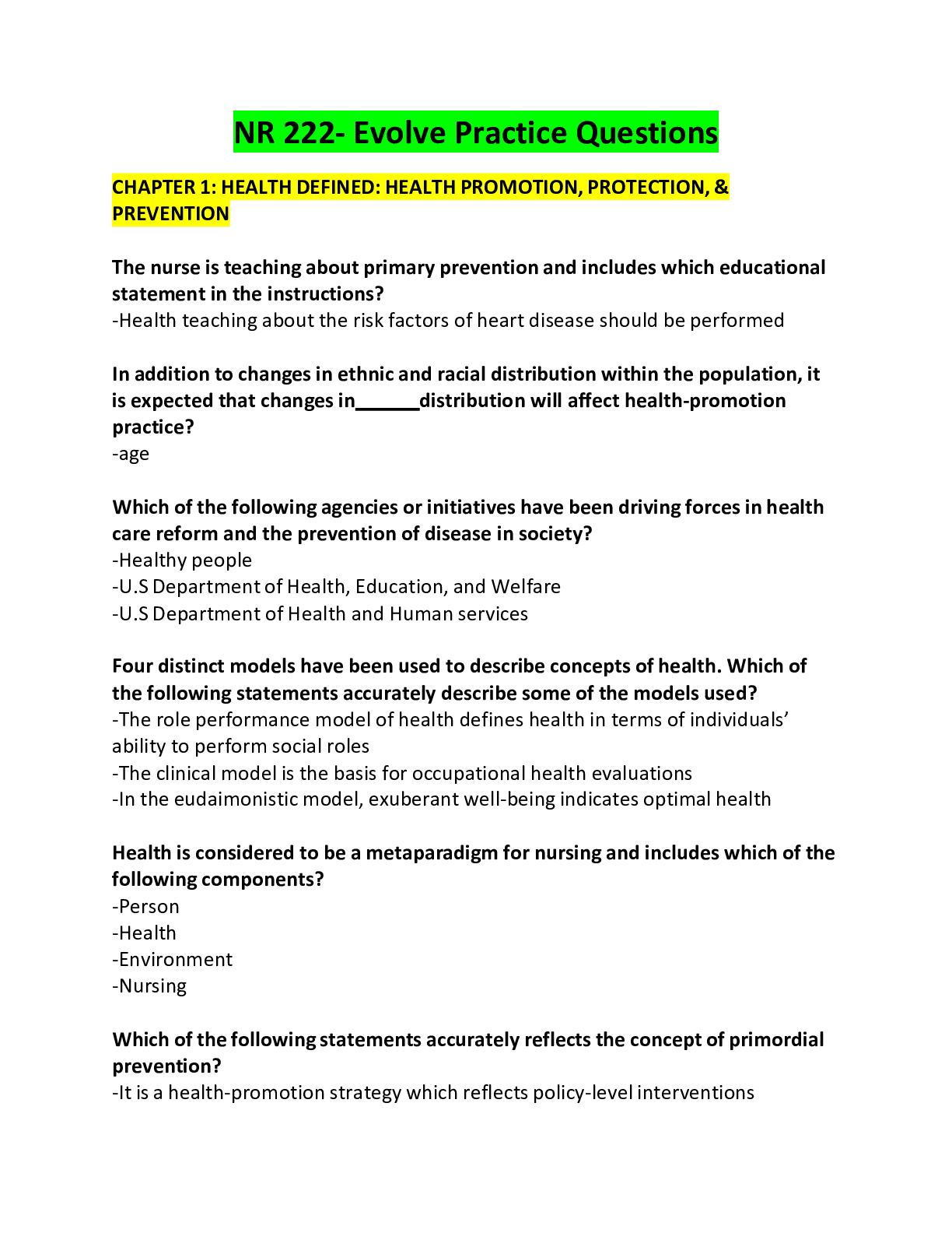 Preview image of NR 222- Evolve Practice Questions document